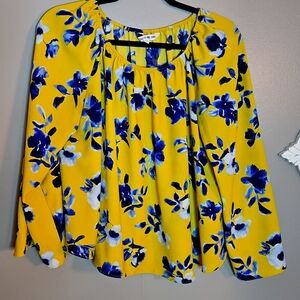 Elizabeth And James Top Blouse Long Bell Sleeve Pullover Floral Yellow M Medium